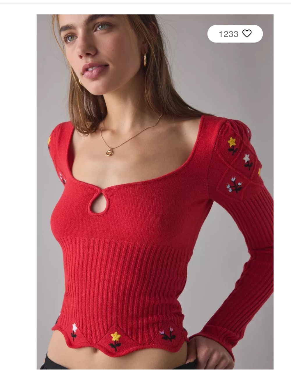Kimchi Blue Red Off-the-Shoulder Ribbed Sweater with Floral Embroidery
